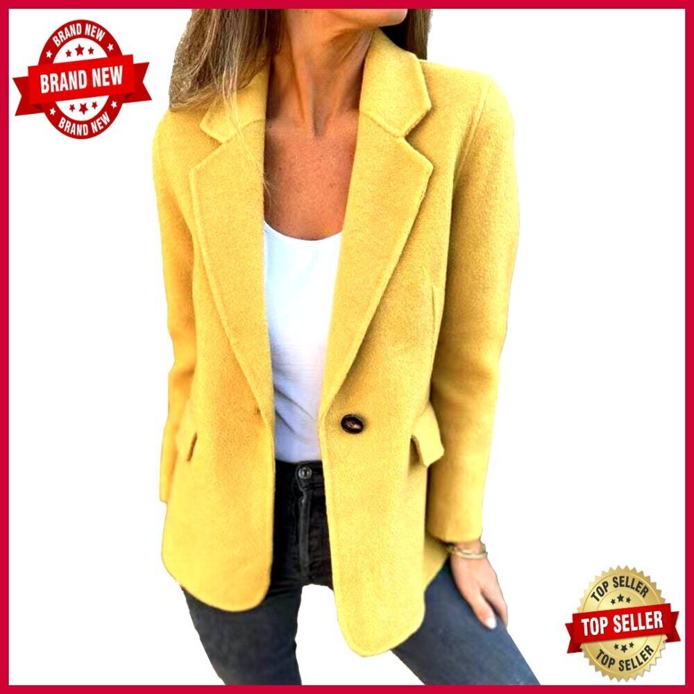Wool Blend Blazer Notch Lapel Single Button Open Front Pea Coat